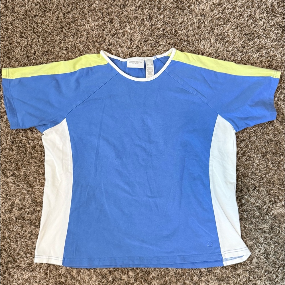 Y2K Liz Claiborne Sporty Colorblock Tee Blue White Green Size XL